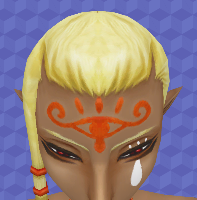 Front view. Shows her hair is pulled back, the middle sectioned out.